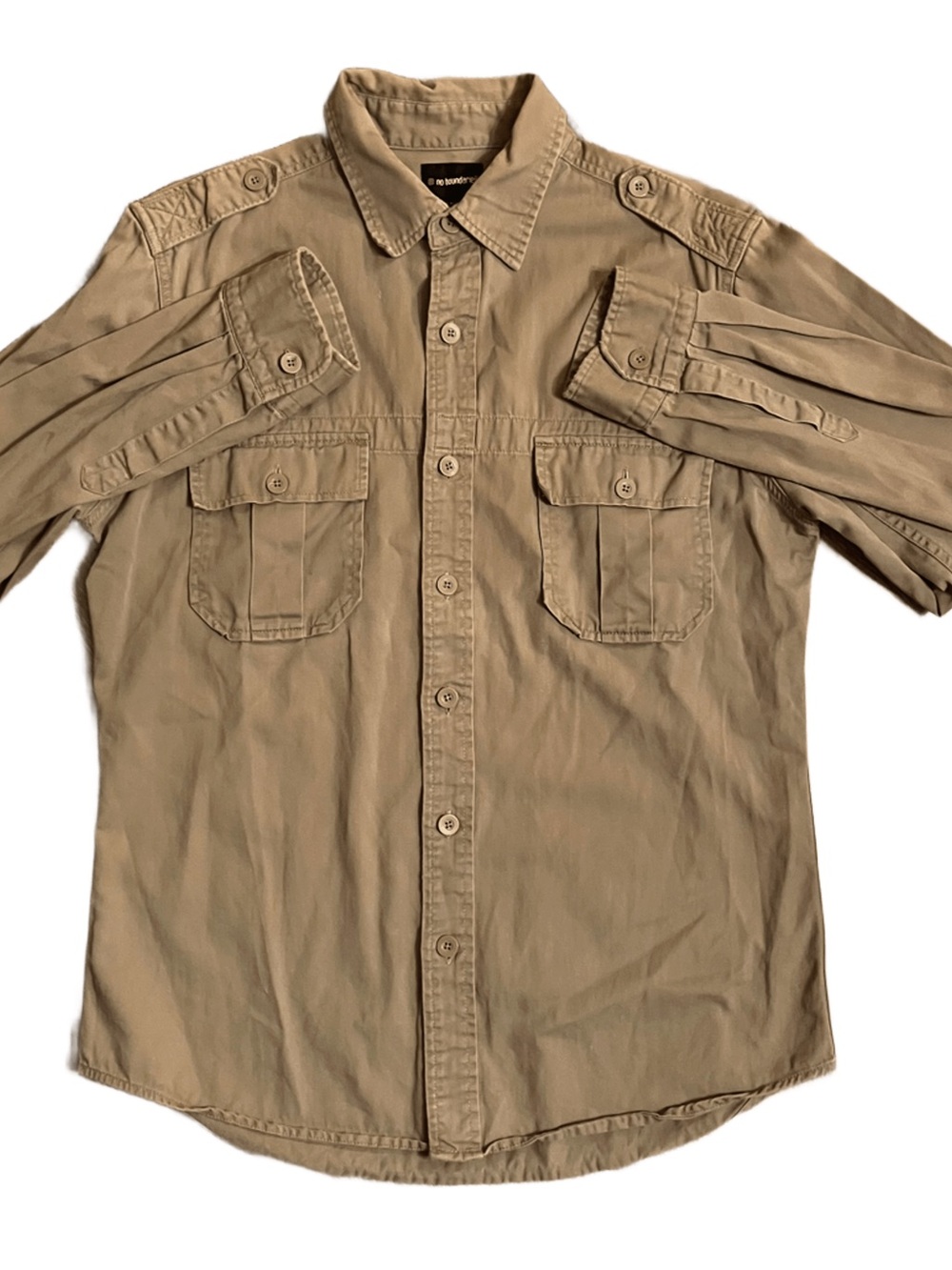 Y2K No Boundaries Mens Utility Tan Button Up Shirt Long Sleeve Epaulets Medium
